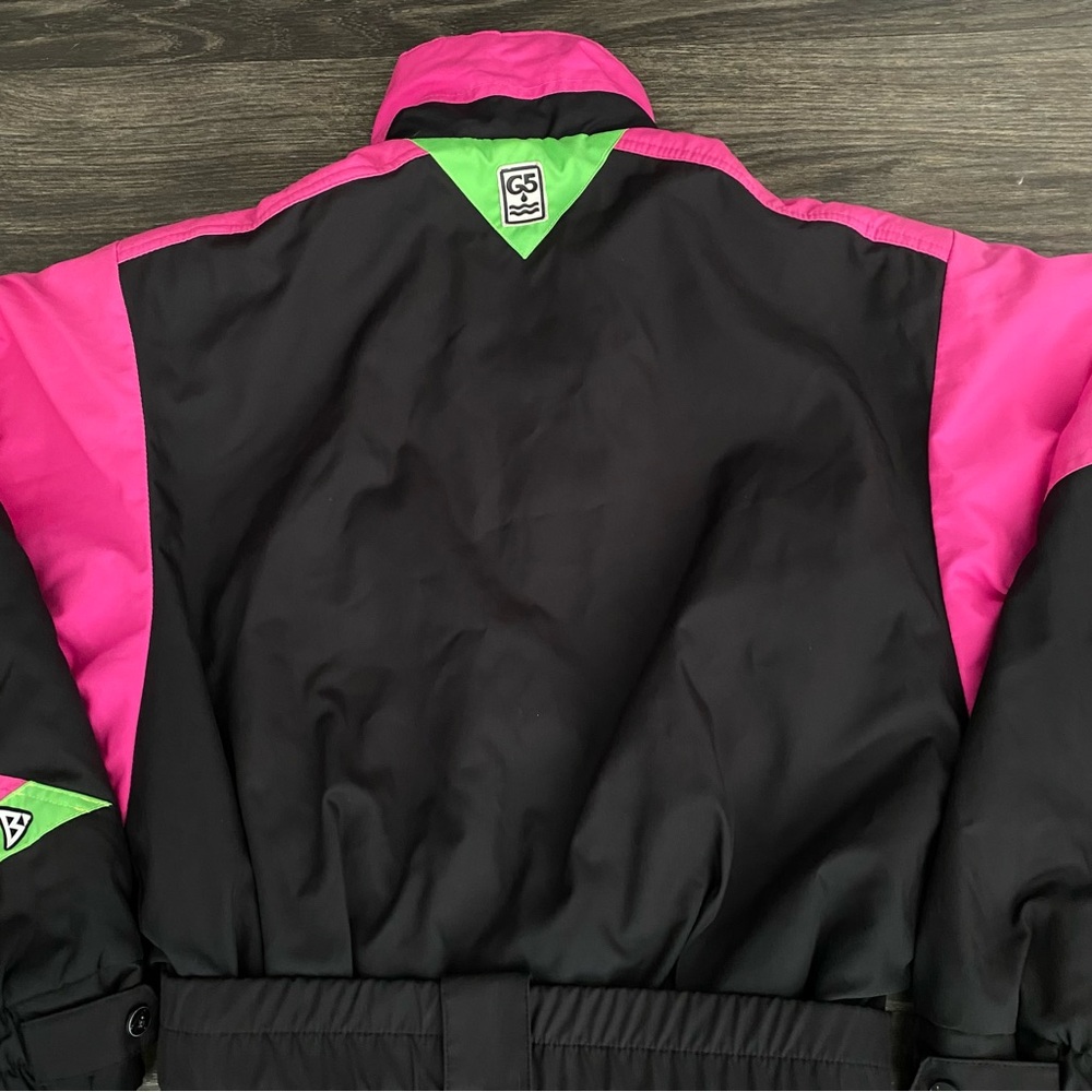 Vintage Black Bear Snow Suit Womens Medium Pink Green Ski Snowboard One Piece - Picture 7 of 14